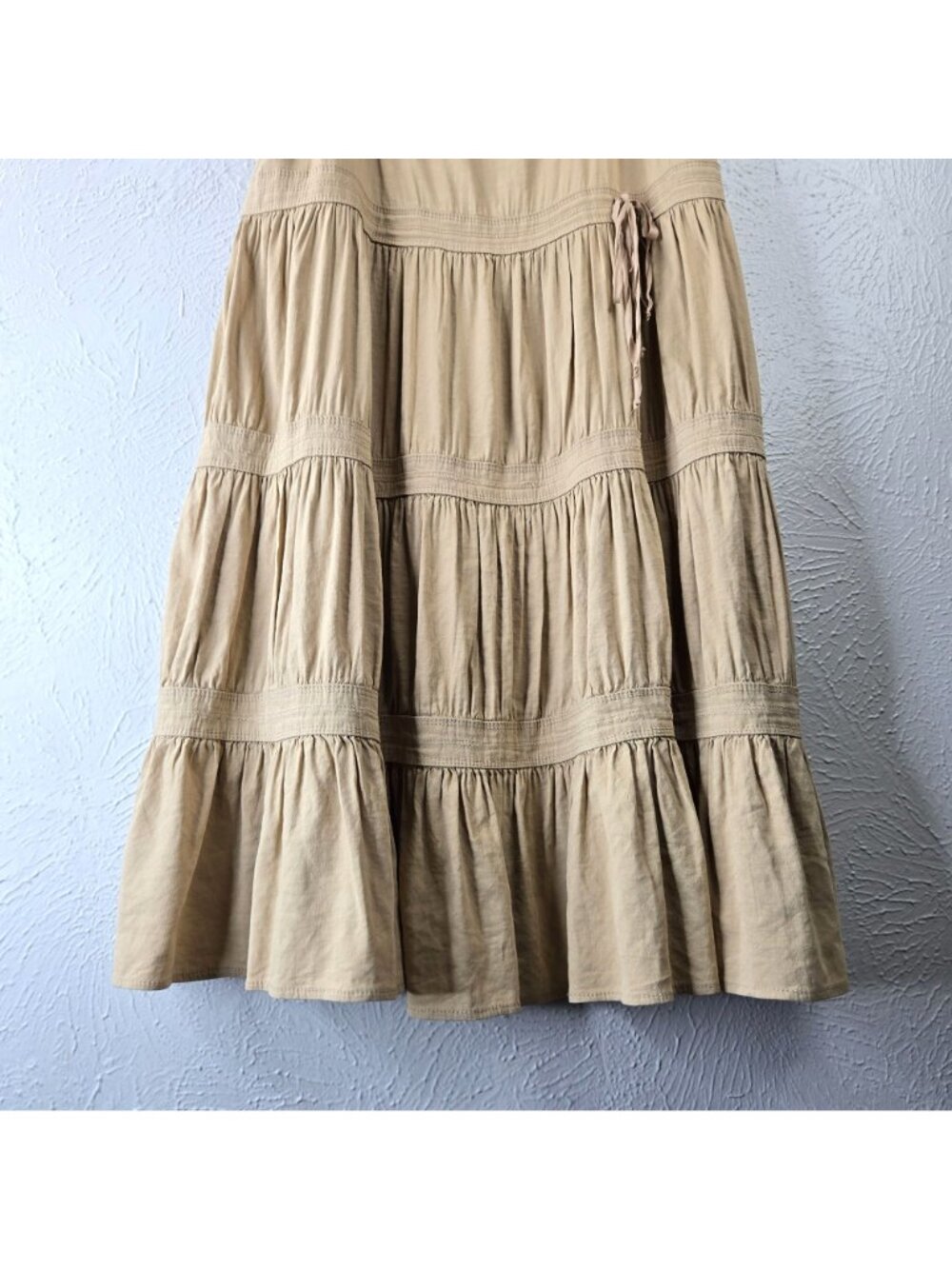 Theory Linen Blend Midi Dress Tan Sleeveless Tiered Cottage Lagenlook Minimalist - Picture 6 of 13